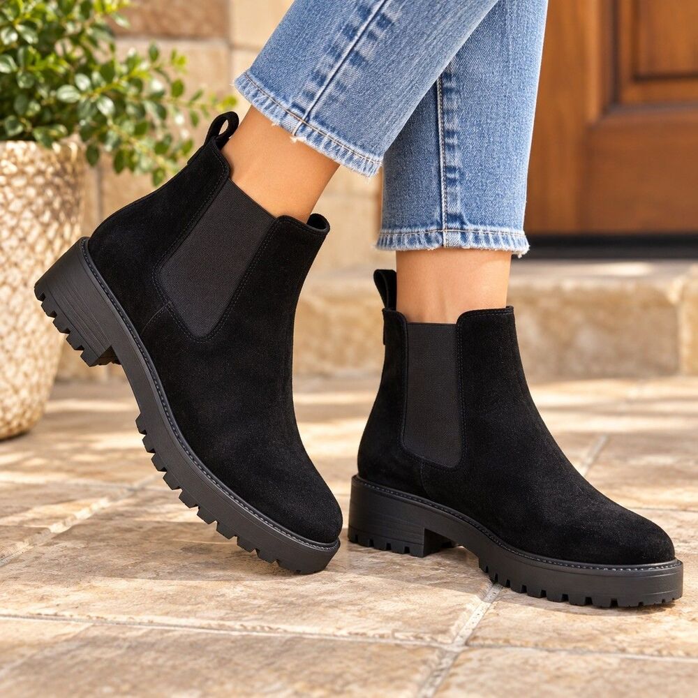 Sam Edelman Laguna Chelsea Boot Waterproof Black Suede Leather Lug Sole Sz 8.5